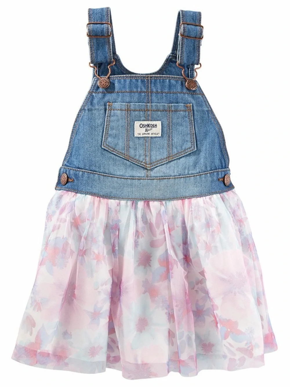 OshKosh B’gosh Denim Floral Tulle Overall Dress Toddler Girls 18 Months